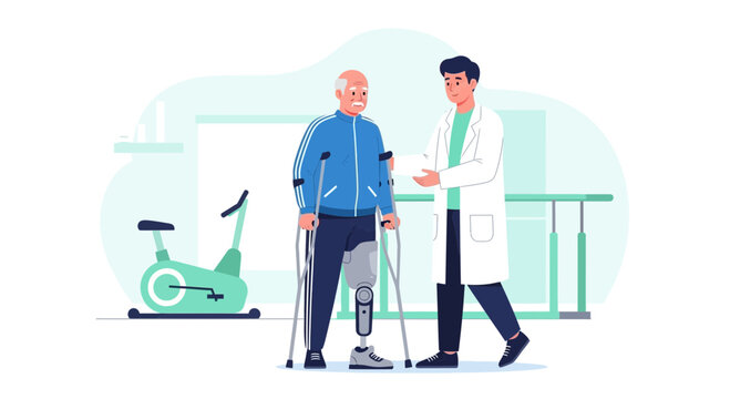 Physical therapist helping elderly man with prosthetic leg and crutches
