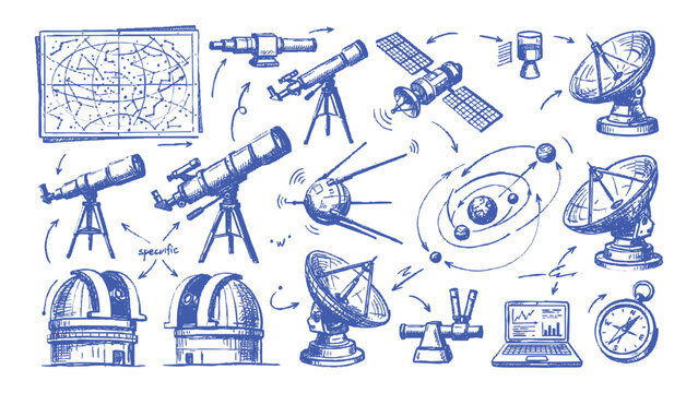Set of hand-drawn astronomy and space exploration equipment, including telescopes, satellites, radar dishes, and star charts, isolated on white background.