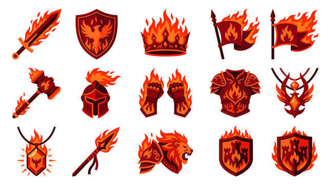 Fiery Fantasy Emblems: Sword, Shield, Crown, Armor, Lion, Phoenix Icons