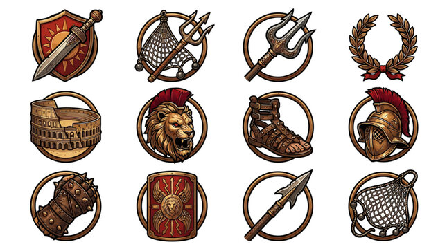Roman Gladiator Icons Set: Helmet, Sword, Shield, Laurel Wreath, Colosseum, Lion