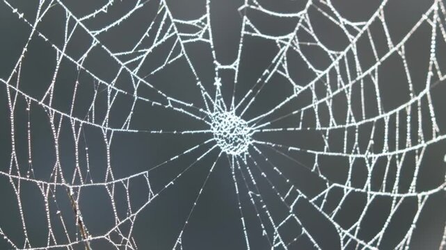 Frosted spider web with ice crystals on cold winter morning