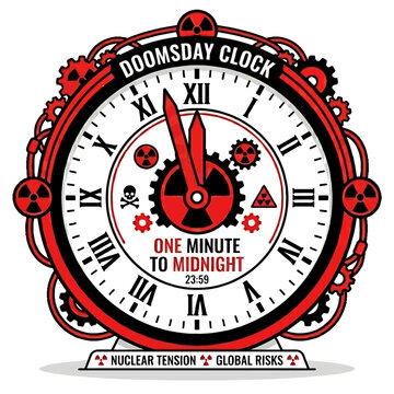 Doomsday Clock Illustration Showing One Minute to Midnight and Global Risk