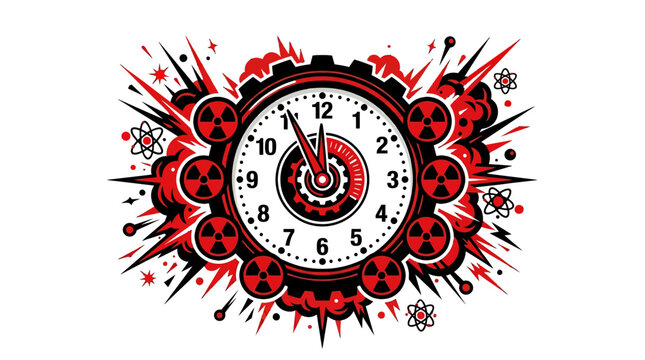 Doomsday Clock Countdown with Nuclear Radiation Symbols and Explosion Graphic