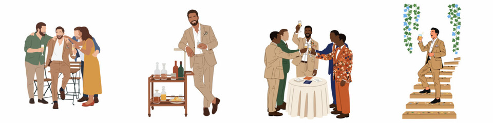 Obraz premium Illustrated set of diverse people in formal wear celebrating at a wedding or cocktail party, featuring toasting, laughing, and stylish attire.