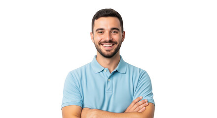 Obraz premium Smiling young man with beard wearing a light blue polo shirt isolated on transparent background