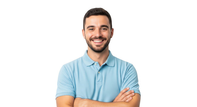 Smiling young man with beard wearing a light blue polo shirt isolated on transparent background