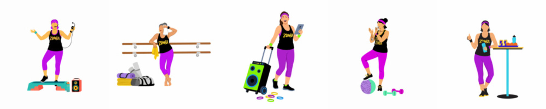 Collection of flat vector illustrations featuring female Zumba instructors in various fitness poses and settings with workout equipment on a white background.