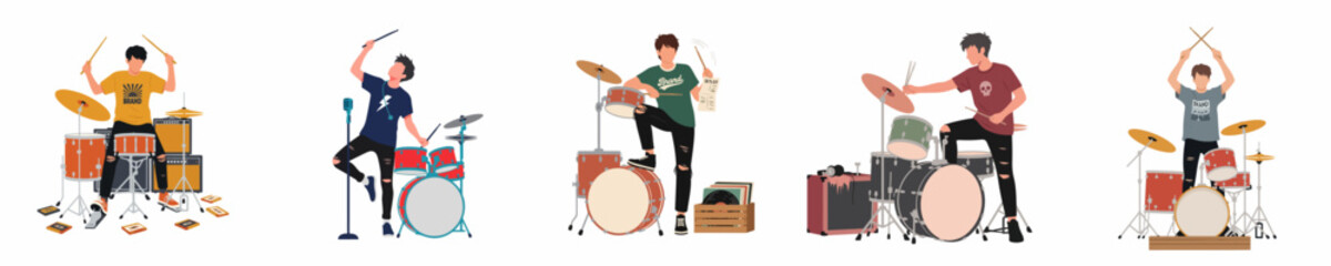 Set of five flat character illustrations of male drummers playing and posing with their drum kits, musical equipment, and accessories on a white background.