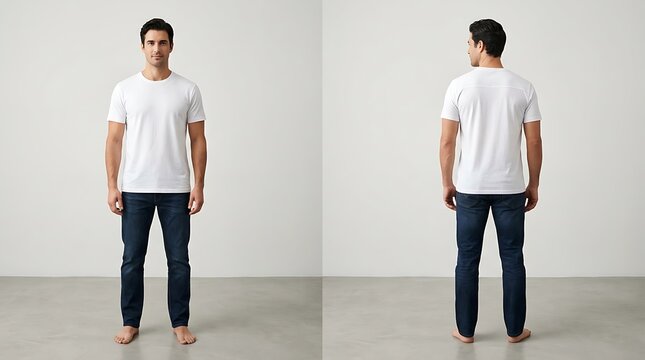 Full-length studio shot of a young man confidently posing in a clean white t-shirt and dark blue jeans, presenting both front and back views to showcase basic casual apparel and comfortable fit