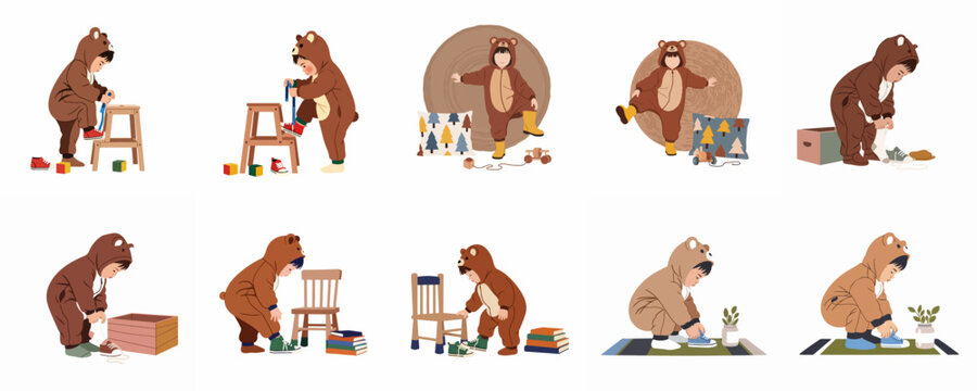 Set of flat vector illustrations depicting a toddler in a brown bear onesie learning to put on shoes and boots independently.