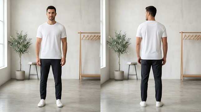Man in a blank white t-shirt and dark pants standing front and back in a bright studio. Perfect for casual apparel mockups, showing minimalist and comfortable style