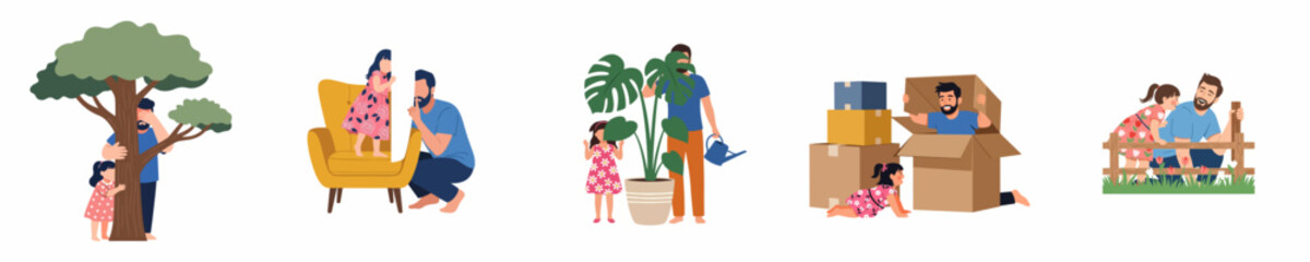 Collection of flat vector illustrations featuring a father and his little daughter playing hide and seek together in various fun scenarios.