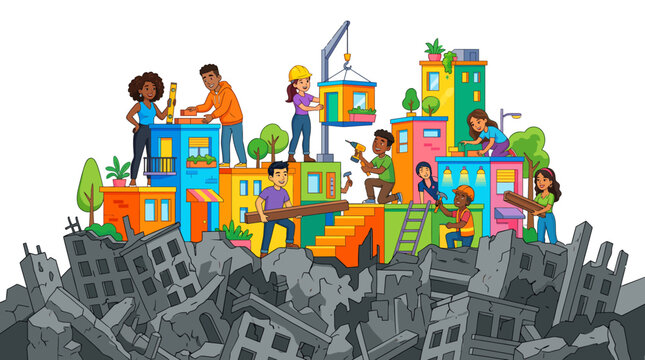 Vibrant vector illustration of people rebuilding a community over ruins