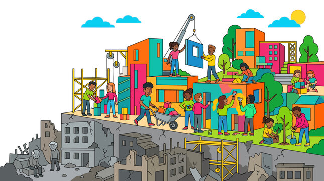 Vibrant 2d vector illustration of diverse community rebuilding a colorful city