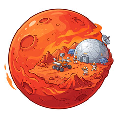 Fototapeta premium Vibrant 2D illustration of a Mars colony dome base with astronauts and rover
