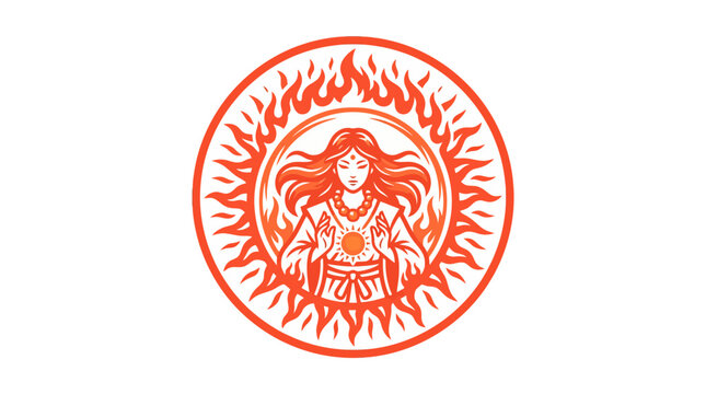 Japanese Sun Goddess Amaterasu Emblem with Flames and Rays, Orange and White