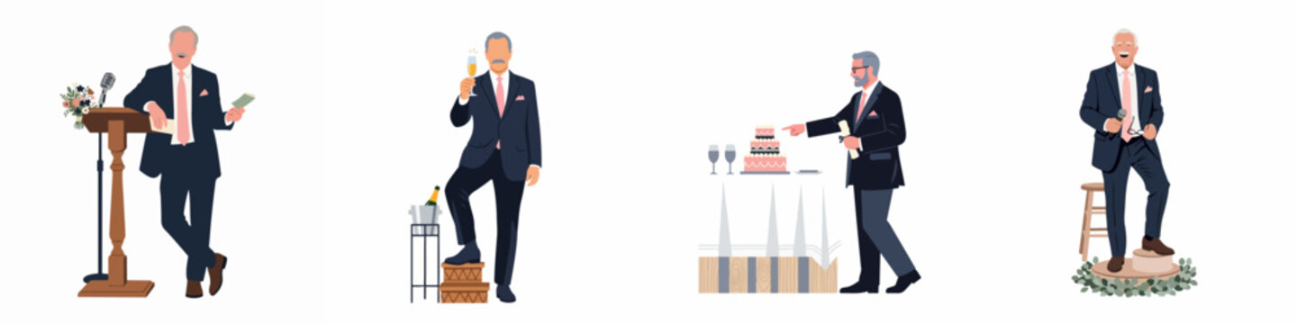Set of flat vector illustrations featuring a senior man in a formal suit making speeches and celebrating at a wedding or gala event.