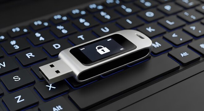 Secure usb flash drive with lock icon on a black keyboard
