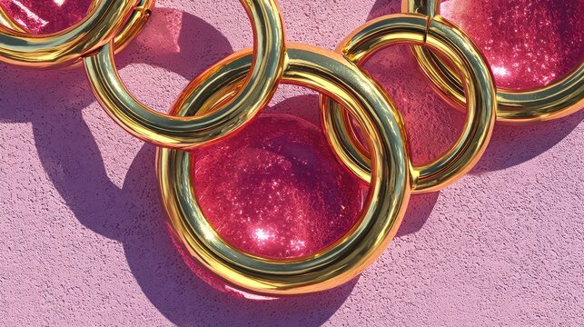 Close-up view of five interlocking gold rings resting on smooth, textured pink surface