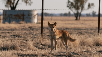 Fototapeta premium Dingo Standing in Dry Grassland Landscape