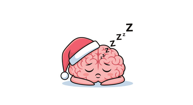 Tired human brain character sleeping peacefully while wearing a red and white Santa hat with zzz letters floating above.