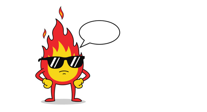 Cool fire flame character wearing black sunglasses and standing with hands on hips next to a blank speech bubble.