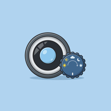 Flat vector illustration of a camera lens and a mode dial