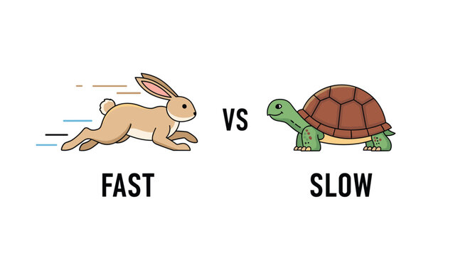 Educational illustration showing a fast brown rabbit running and a slow green turtle walking to demonstrate speed opposites.