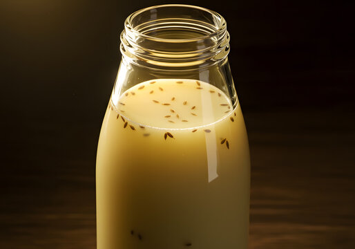 Glass bottle of light beige beverage