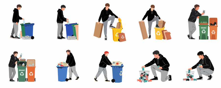 Collection of illustrations showing young men sorting various types of waste into recycling bins for an eco-friendly and sustainable lifestyle.