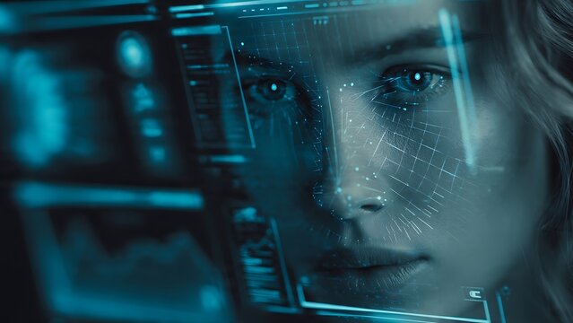 Futuristic facial recognition technology scanning woman face with holographic data interface for biometric security identification concept
