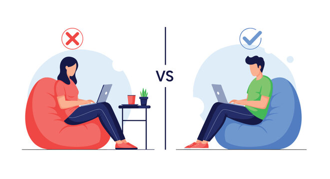 Educational diagram showing a woman with bad posture versus a man with correct ergonomic sitting posture while using laptops.