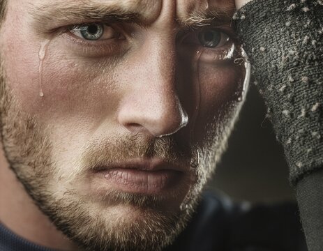 Extreme close-up of a young man's tensed face, sweat running down his temple, jaw clenched, focused intensely on a match, dramatic, direct light from the front, textures of skin and fabric are hyper-d