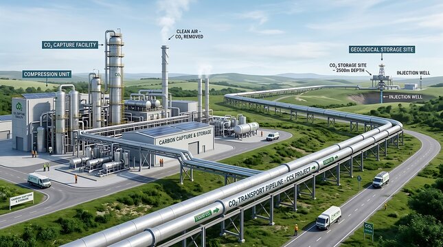 Large Scale Carbon Emission Sequestration Plant and Underground Storage Network for Sustainable Industrial Climate Solutions