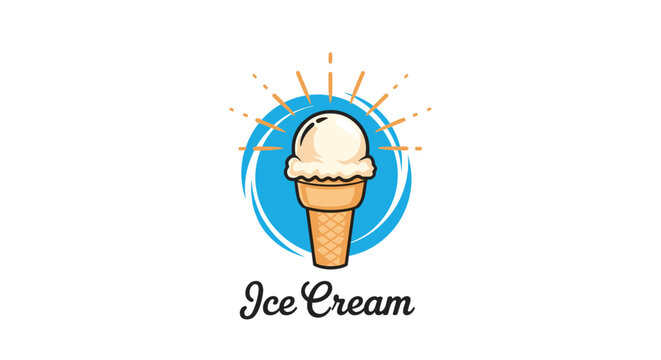 Classic ice cream logo featuring a single scoop of vanilla ice cream in a waffle cone against a blue sunburst background.