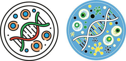 Fototapeta premium Colorful DNA Helix and Diverse Microbes in a Petri Dish Graphic, Visualizing Genetic Science, Biological Research, and Microbiology Concepts