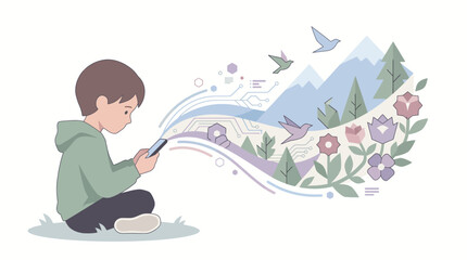 Obraz premium Vector illustration of a boy sitting using phone with creative nature and tech graphics flowing out