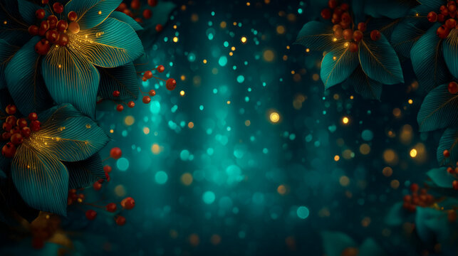 Dark teal moody floral background with soft golden glowing bokeh light particles