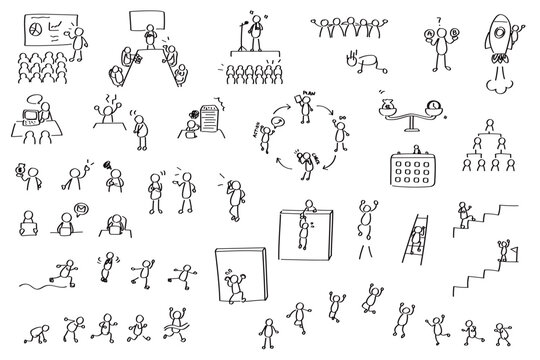 ビジネスの落書き風素材セット｜棒人間で描くさまざまなビジネスシチュエーション
