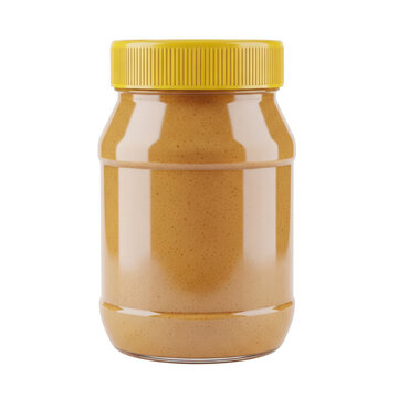 Full jar of creamy peanut butter with a yellow lid isolated on transparent background