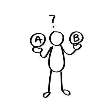 AとB2つの選択肢で悩む人物・棒人間のイラスト