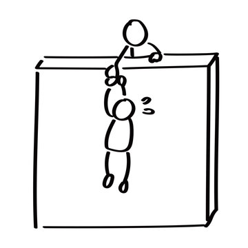 壁の上から手を差し伸べる人と壁を登る人のイラスト
