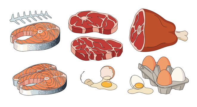Collection of various raw protein sources including steak beef cuts, salmon fillets, a large ham leg, and fresh chicken eggs.