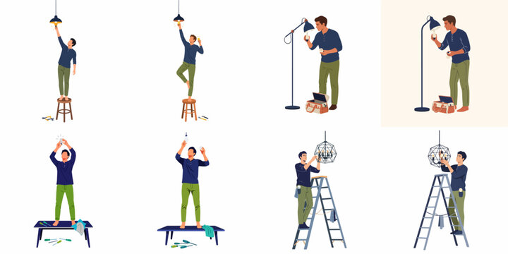 Illustrations of a man changing light bulbs and repairing various lamps and ceiling lights using tools, ladders, and furniture for height.