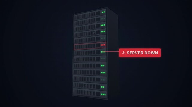 Isometric 3D animation of server rack with blinking green lights turning solid red emitting digital smoke and warning