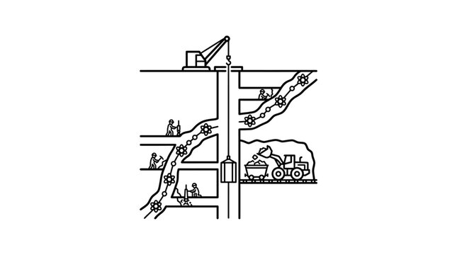 Cross section diagram of underground mining operations and infrastructure.
