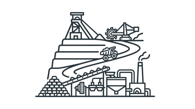 Mining industrial complex with headframe and machinery line art.