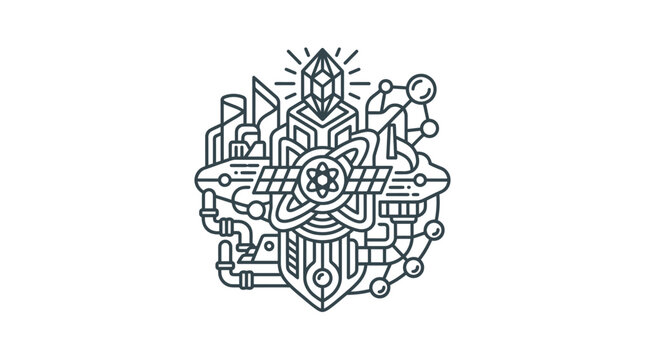 Technical atomic emblem with central crystal and industrial elements.