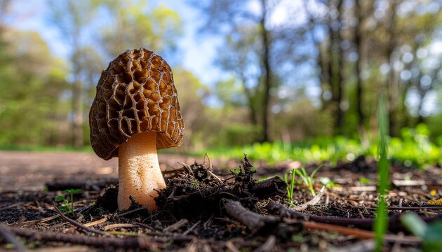 A morel mushroom grows in a forest clearing surrounded by trees and greenery on a sunny day.