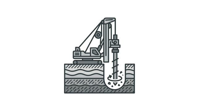 Drill rig machine boring into layered ground soil line art.